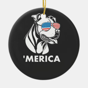 Ornamento De Cerâmica Óculos de Sol Pitbull Sorridente 4 de Julho Merica