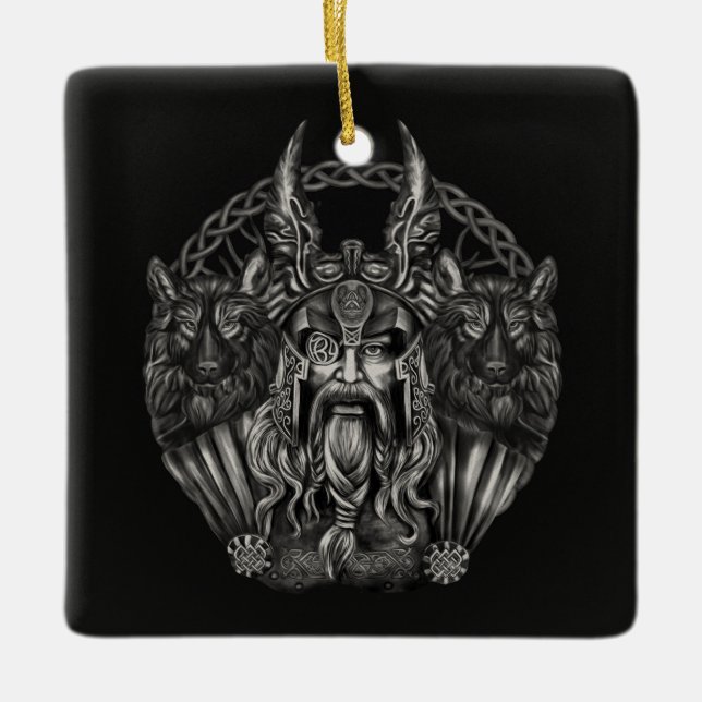 Ornamento De Cerâmica Odin e seus lobos Geri e Freki (Frente)