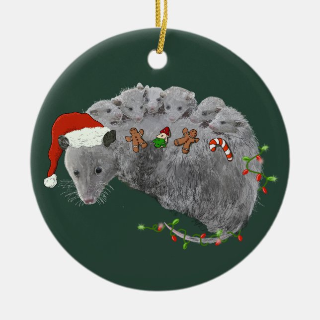 Ornamento De Cerâmica Ogambá Christmas Baby Possum Embalado em Luzes (Frente)