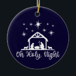 Ornamento De Cerâmica Oh Santa Noite Foto da Família Natividade<br><div class="desc">Bonito tipografia da escritura da Noite Santa com natividade num fundo azul marinho. Adicione sua foto especial,  seu nome de família e ano para torná-la uma marca de manutenção. Veja a coordenação de itens no nosso compro,  Encantado Finch.</div>