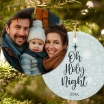 Ornamento De Cerâmica Oh Santa Noite Personalizada Foto Religiosa Natal<br><div class="desc">Este Enfeites de natal religioso personalizado da Noite Santa apresenta um fundo azul sereno e macio adornada com flocos de neve delicados, evocando uma noite pacífica de inverno. O elegante roteiro adorado com uma estrela de Natal celebra a época sagrada e pode ser personalizado com o ano atual. O outro...</div>