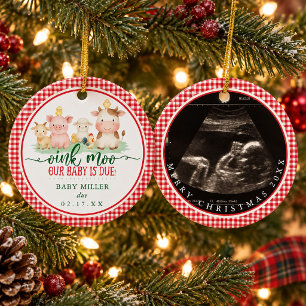 Ornamento De Cerâmica Oink Moo Nosso Bebê Está a Caminho Natal de Animai