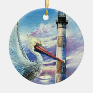 Ornamento De Cerâmica Óleo Náutico Farol Pintura Bird Beach Blue