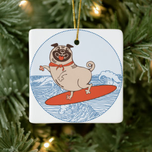 Ornamento De Cerâmica Onda montando cachorro feliz no surfboard
