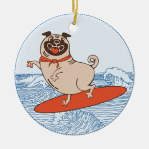 Ornamento De Cerâmica Onda montando cachorro feliz no surfboard