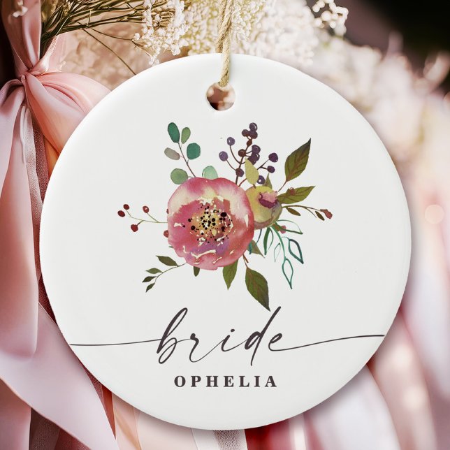 Ornamento De Cerâmica Ophelia Cottagecore Rosa Floral Po dusty Noiva (Say "I DO" to Romantic Watercolor Florals and a Cottagecore Vibe with the Ophelia Wedding Suite.)