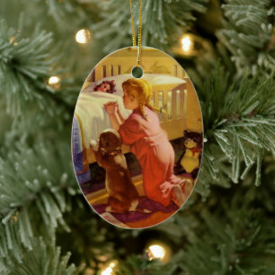 Ornamento De Cerâmica Orações do tempo de dormir, Menina com Puppy, Reli