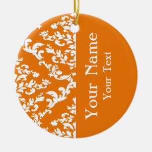 Ornamento De Cerâmica Orange Bold Damask com nome na Emporiomoffa