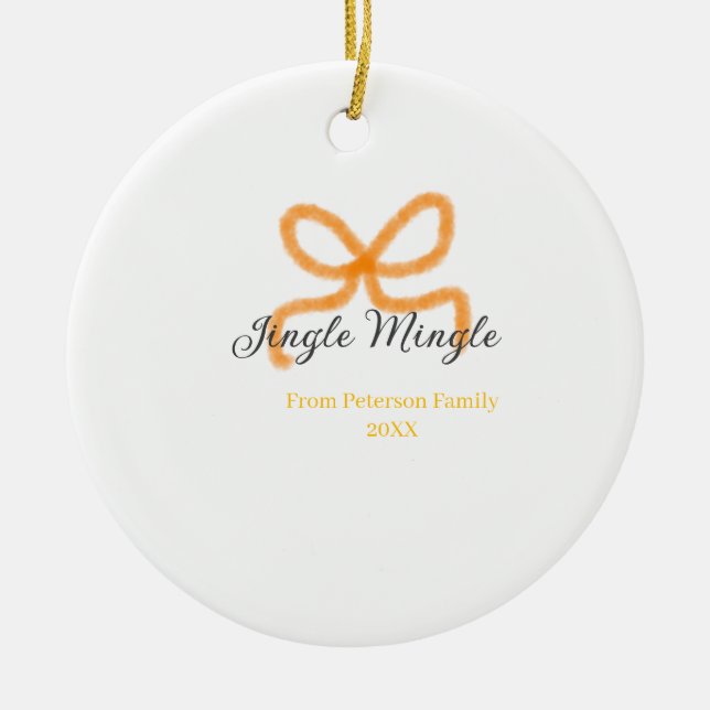 Ornamento De Cerâmica Orange bow jingle Mingle retro boho family namdate (Frente)