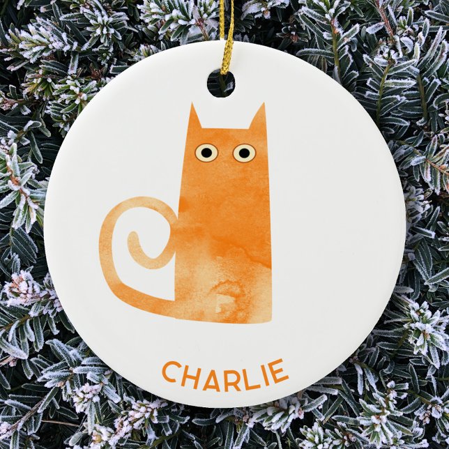 Ornamento De Cerâmica Orange Cat Personalizado (Fun watercolor Orange Ginger Cat personalized ceramic ornament)