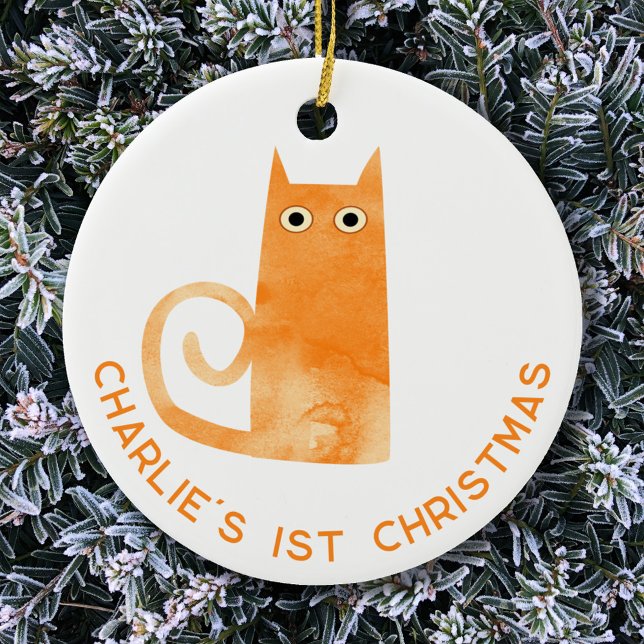 Ornamento De Cerâmica Orange Cat Primeiro Natal Personalizado (Fun watercolor orange ginger cat personalized first 1st Christmas ceramic ornament)