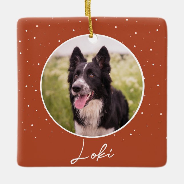 Ornamento De Cerâmica Orange Dog Photo and Name Christmas (Frente)