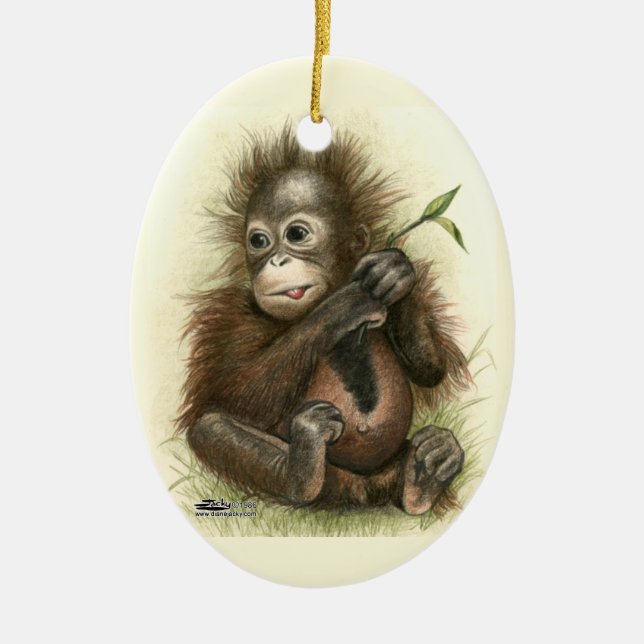 Ornamento De Cerâmica Orangutan Baby Com Folhas (Frente)