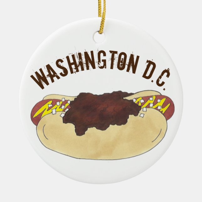 Ornamento De Cerâmica Orgulho Estatal Washington DC Fumar Chili Hot Dog (Frente)