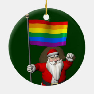 Ornamento De Cerâmica Orgulhoso Papai Noel Com Bandeira Arco-Íris