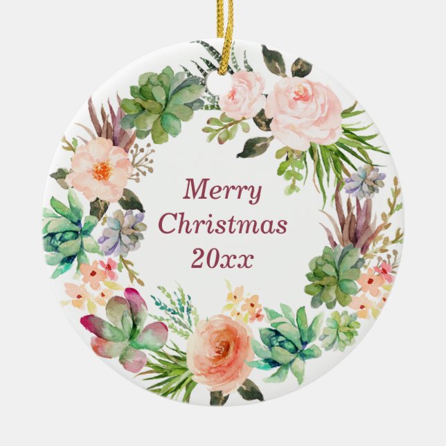 Ornamento De Cerâmica Orna Cerâmica Floral de Wreath com Aquarelas Perso (Frente)