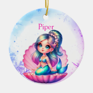 Ornamento De Cerâmica Orna de Natal Personalizado de Sereia Chibi em Con