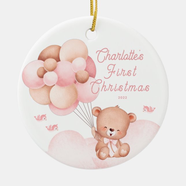 Ornamento De Cerâmica Orname cerâmico de Teddy Bear Baby Primeiro Natal (Frente)