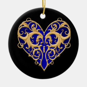 Ornamento De Cerâmica Ornament Blue Filigree Heart Round