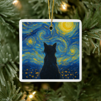 Ornamento De Cerâmica Ornament Cat Starry Night Van Gogh 