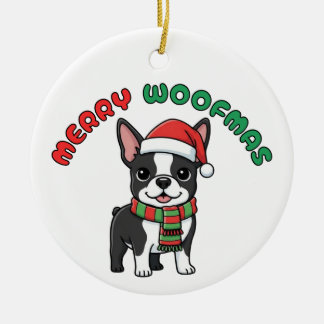 Ornamento De Cerâmica Ornament de Boston de Natal: Woofmas Feliz