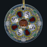 Ornamento De Cerâmica Ornament de Winter Nouveau<br><div class="desc">Arcos de Art Nouveau rodeiam as camadas de vidro manchadas desta mandala, apresentando uma lareira, poinsetos, bonecos de neve e auroras em cores legal para incorporar totalmente os sentimentos de frio que vêm com o inverno.</div>
