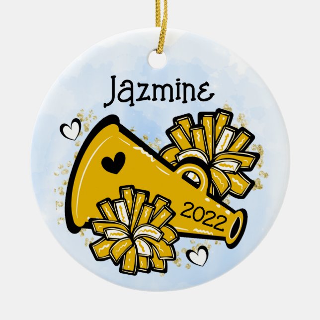 Ornamento De Cerâmica Ornament Dourado Amarelo Megaphone Pom Pom Cute (Frente)