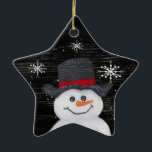 Ornamento De Cerâmica Ornament Happy Snowman Star<br><div class="desc">Este Ornamento Feliz de Snowman apresenta a minha pintura acrílica de um boneco de neve. Perfeito para o seu país ou árvore primitiva de Natal.</div>
