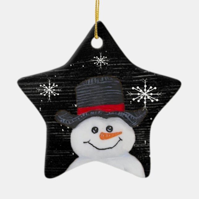 Ornamento De Cerâmica Ornament Happy Snowman Star (Frente)