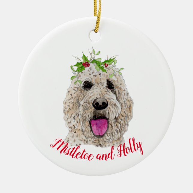 Ornamento De Cerâmica Ornament Mistletoe Holly Ouro Doodle (Frente)