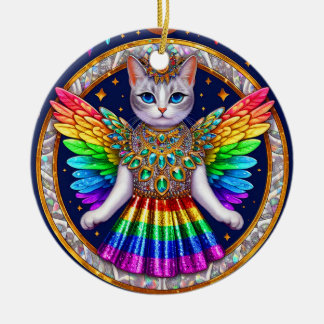 Ornamento De Cerâmica Ornament Natal Rainbow Angel Cat