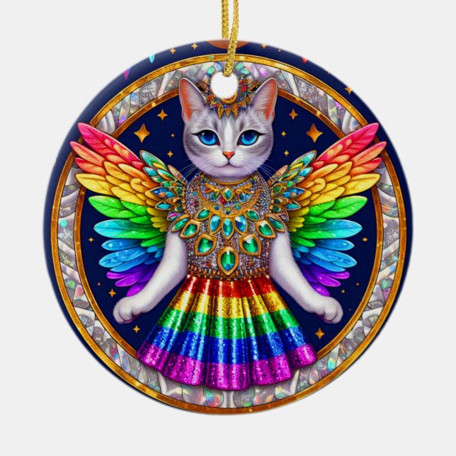 Ornamento De Cerâmica Ornament Natal Rainbow Angel Cat (Frente)