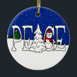 Ornamento De Cerâmica Ornament Peace Snowman<br><div class="desc">Ornamento Snowman da Paz. Trabalho de arte de Kathy Gladden-Adalian A cor de fundo atrás dos flocos de neve pode ser personalizada com uma grande variedade de cores.</div>
