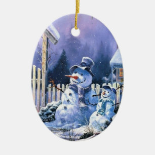 Ornamento De Cerâmica _ornament two_snowmen_old_christmas_oval