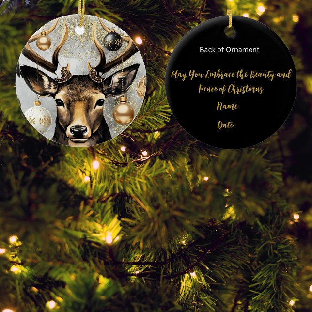 Ornamento De Cerâmica Ornament Winter Deer - Personalizável (Bring a lot more holiday cheer to your tree with this beautiful customizable Winter deer ornament/)