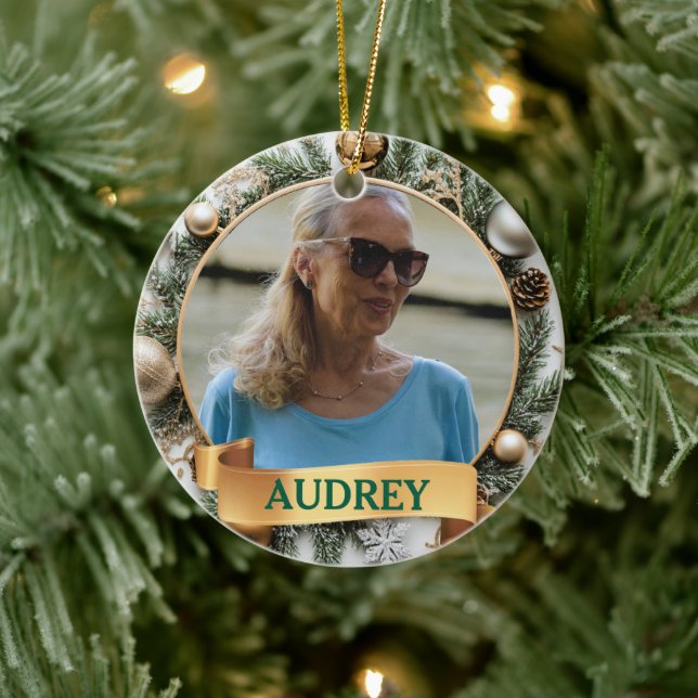 Ornamento De Cerâmica Ornate Christmas Wreath ANY Photo Tree Ornament (Árvore)