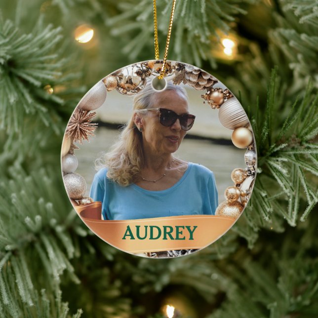 Ornamento De Cerâmica Ornate Christmas Wreath ANY Photo Tree Ornament (Árvore)