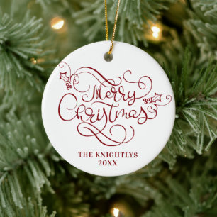 Ornamento De Cerâmica Ortografia do Feliz Natal - Nome Branco Vermelho