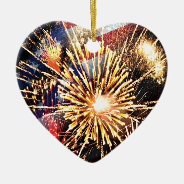 Ornamento De Cerâmica Os EUA embandeiram e fogos-de-artifício (Frente)