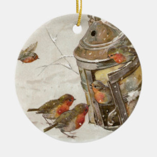 Ornamento De Cerâmica Os pássaros encontram o abrigo no natal vintage d
