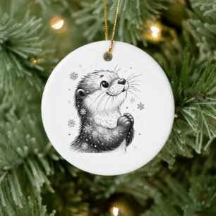 Ornamento De Cerâmica Otter de inverno preto e branco