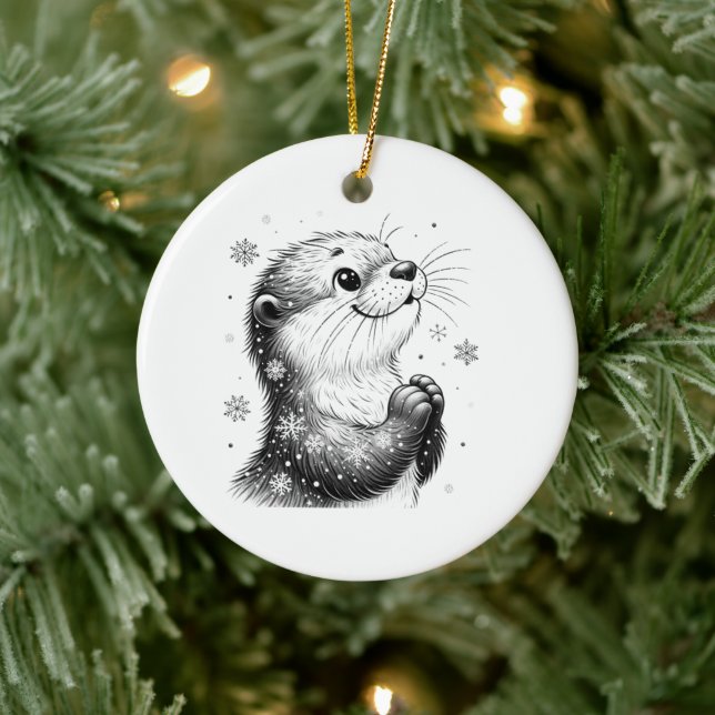 Ornamento De Cerâmica Otter de inverno preto e branco (Árvore)