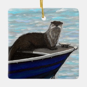 Ornamento De Cerâmica Otter em uma pintura de barco