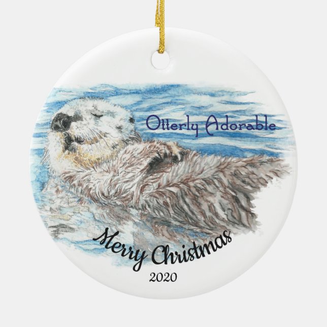 Ornamento De Cerâmica Otter Natal Datado e Totalmente Adorável (Traseira)