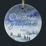Ornamento De Cerâmica Our first Christmas as Grandparents Ornament<br><div class="desc">Celebrate your First Christmas as Grandparents with this Calm Watercolor Winter Scene Ceramic Ornament. Adding a favorite text to this sweet design for a beautiful accent to your Christmas tree. It's easy to personalize to be uniquely yours. For further customization, please click the "customize further" link and use our design...</div>