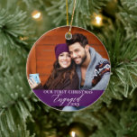Ornamento De Cerâmica Our First Christmas Engaged Photo Purple<br><div class="desc">Our First Christmas Engaged Couple Photo Purple Ornament with Snowflakes back.</div>