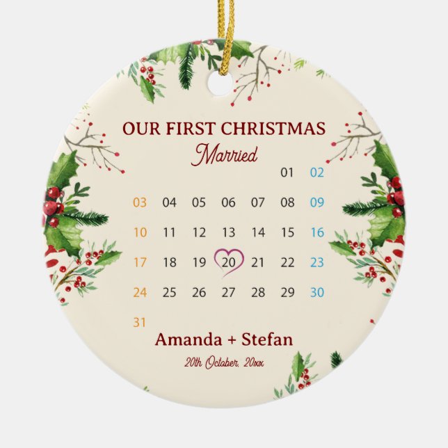 Ornamento De Cerâmica Our First Christmas Keepsake Married  Calendar (Frente)