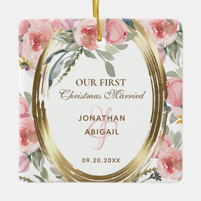 Ornamento De Cerâmica Our First Christmas Married Blush Floral Bible (Frente)