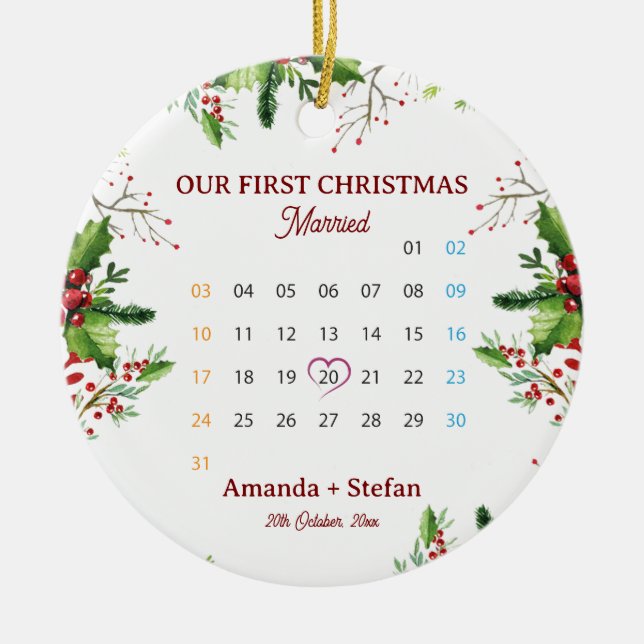 Ornamento De Cerâmica Our First Christmas Married  Keepsake Calendar (Frente)