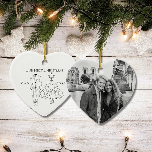Ornamento De Cerâmica Our First Christmas Photo Wedding Dress Suit Cute (Criador carregado)
